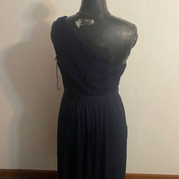 Adrianna Papell Navy 1 Shoulder Lace bodice embellished waist dress, size 12 - Picture 3 of 5